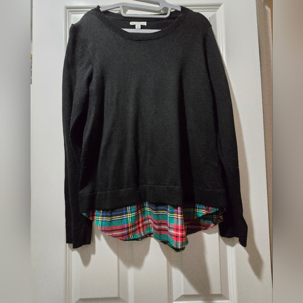 Jcrew Factory Black Sweater with Plaid Hem